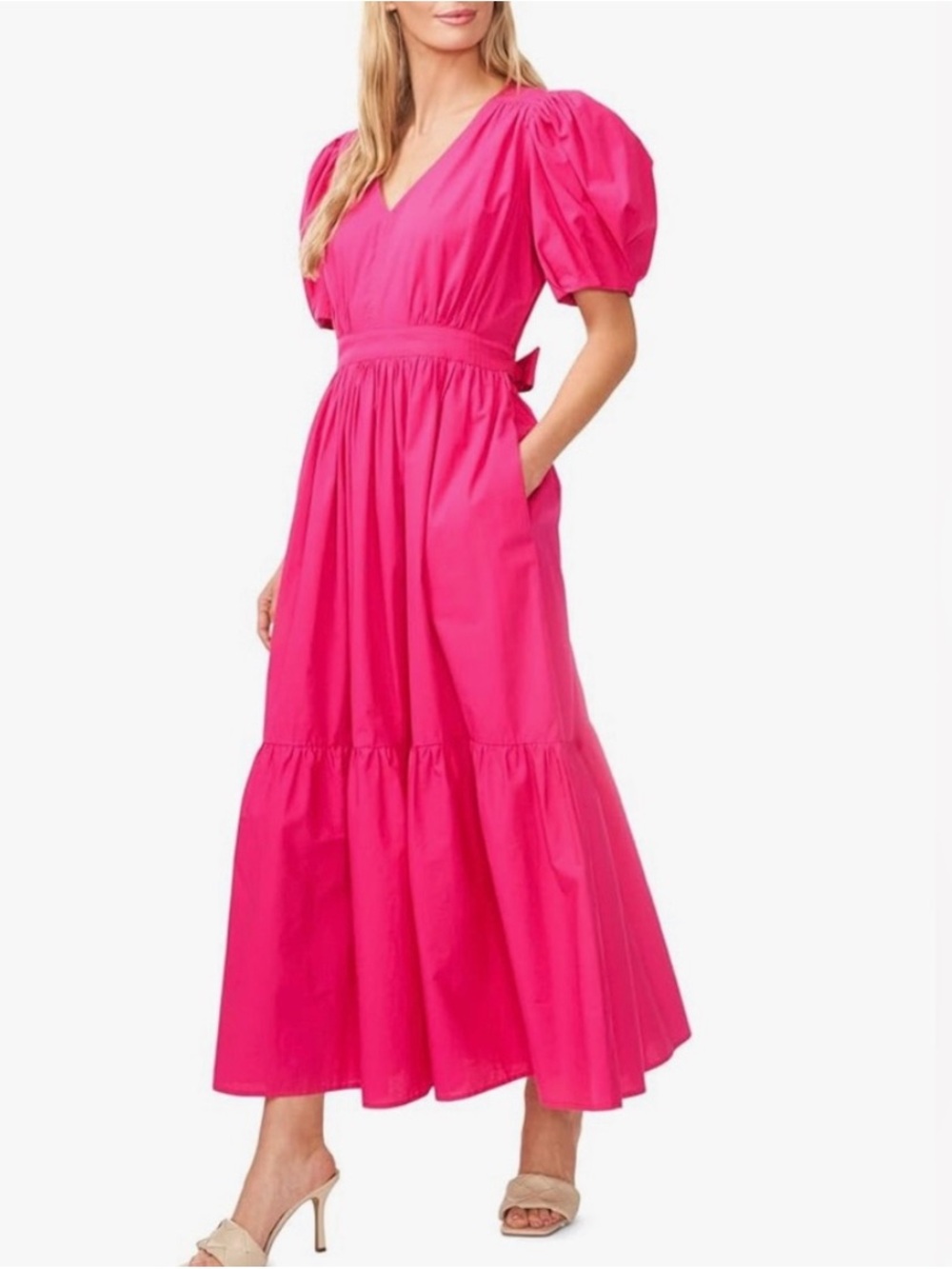 CeCe Hot Pink V-Neck Puff Sleeve Maxi with Tiered Skirt Large NWOT